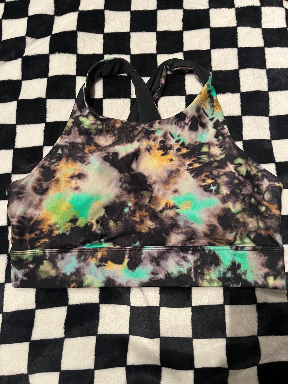 Fabletics Tie-Dye Sports Bra - Black with Teal & Mustard Accents